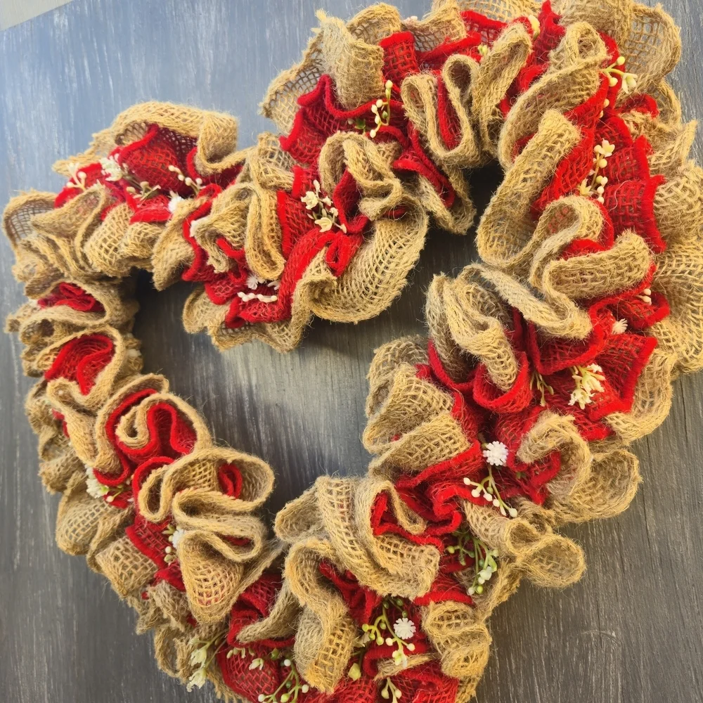 Handmade Rustic Heart-Shaped Burlap and Red Wreath Valentine's Day Wall Hanger
